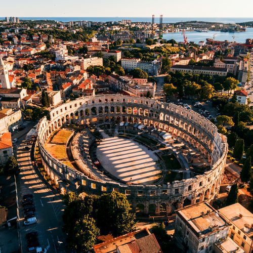 Pula Arena at sunset - HDR aerial view taken by a professional drone. The Roman Amphitheater of Pula, Croatia