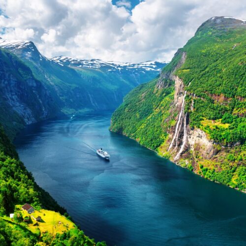 Sunnylvsfjorden fjord and famous Seven Sisters waterfalls Norway