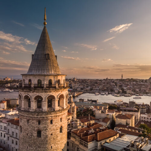 Aerial,Evening,Shot,Of,The,Galata,Tower,In,Istanbul,,Turkey.